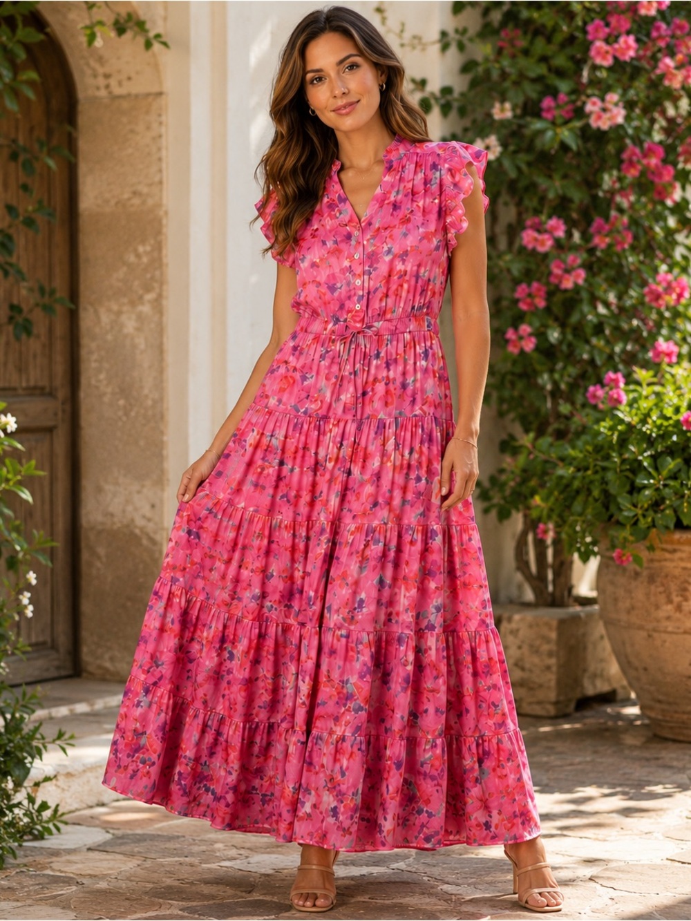 Pinch Hot Pink Floral Tiered Maxi Dress